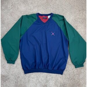 Vtg Bugle Boy Classics Golf Windbreaker Mens L V Neck Pullover Blue Green w/Logo